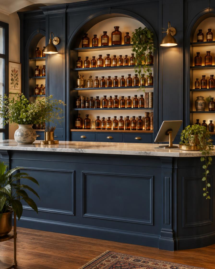 Classic apothecary counter with amber bottles