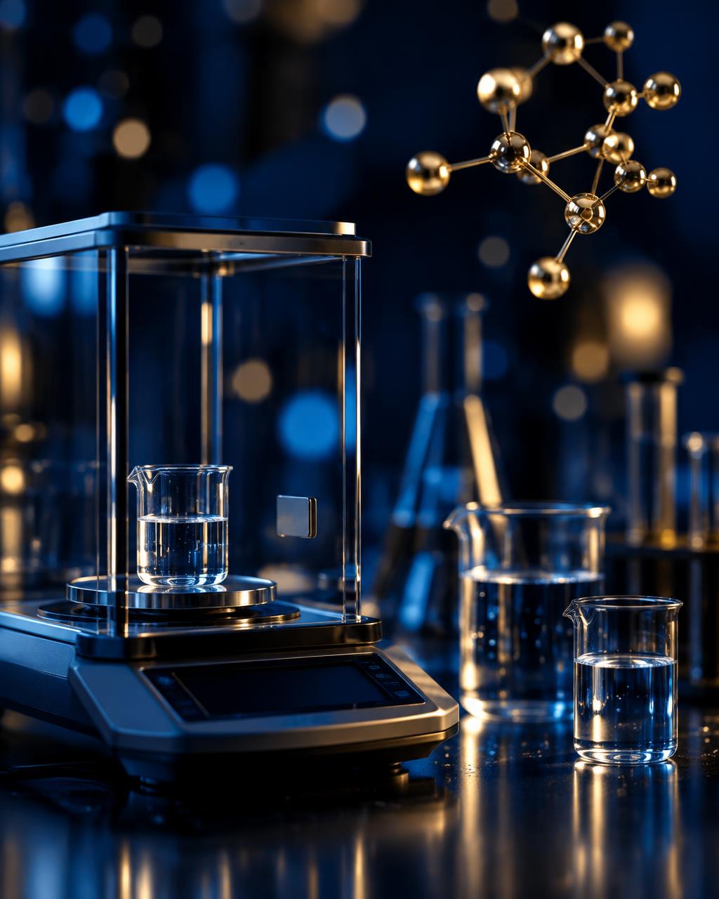 Analytical balance and beakers in a lab