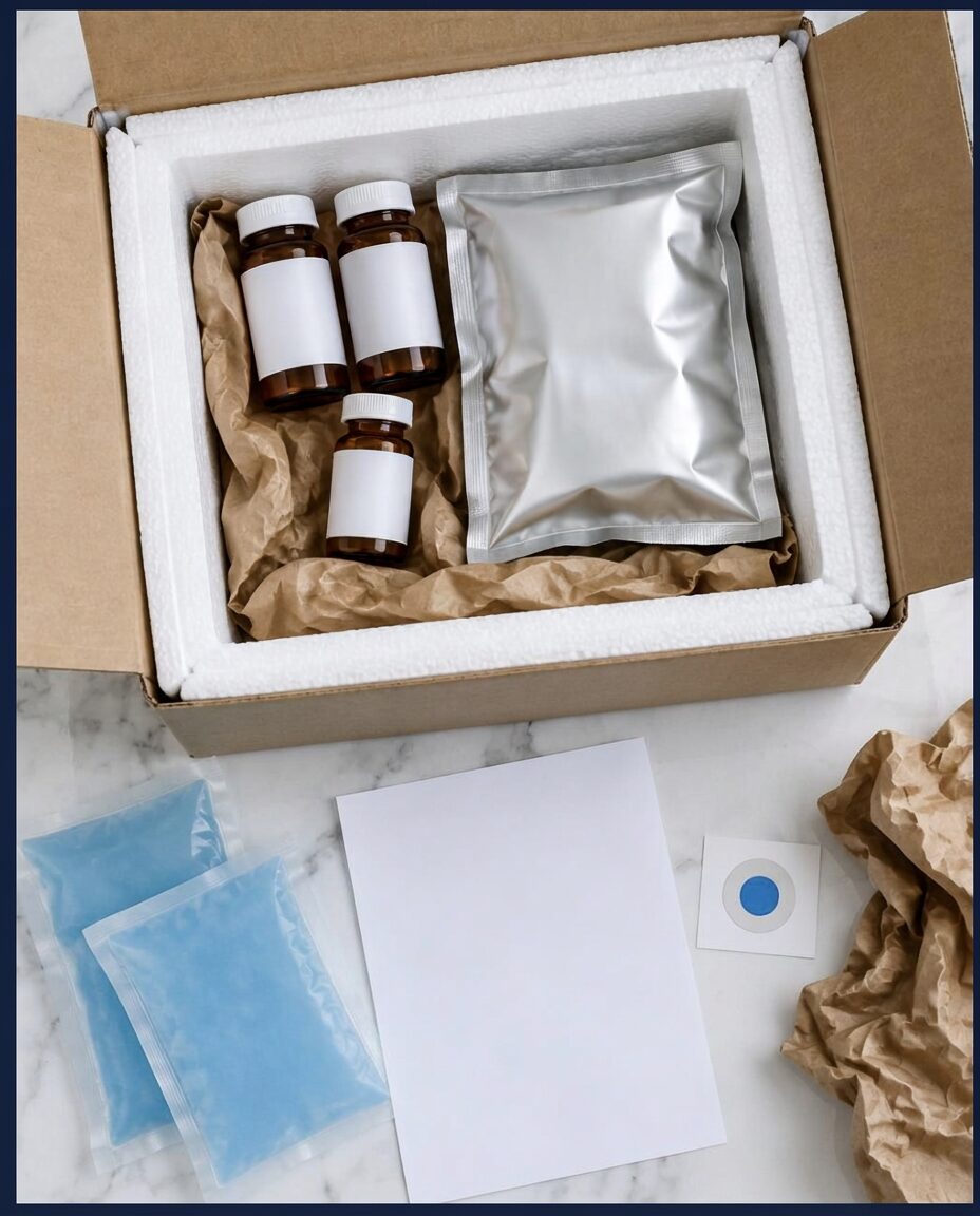 Insulated pharmacy shipper opened to reveal amber vials, a sealed foil pouch, cold packs, and a temperature indicator, arranged on a polished marble tabletop