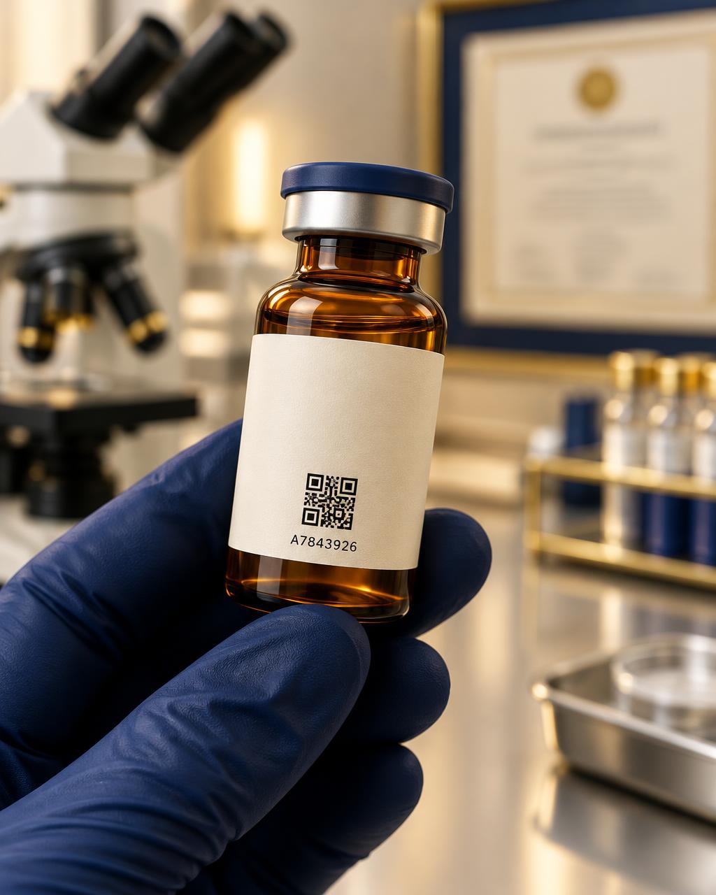 Amber vial with a serialized QR code label held in a laboratory
